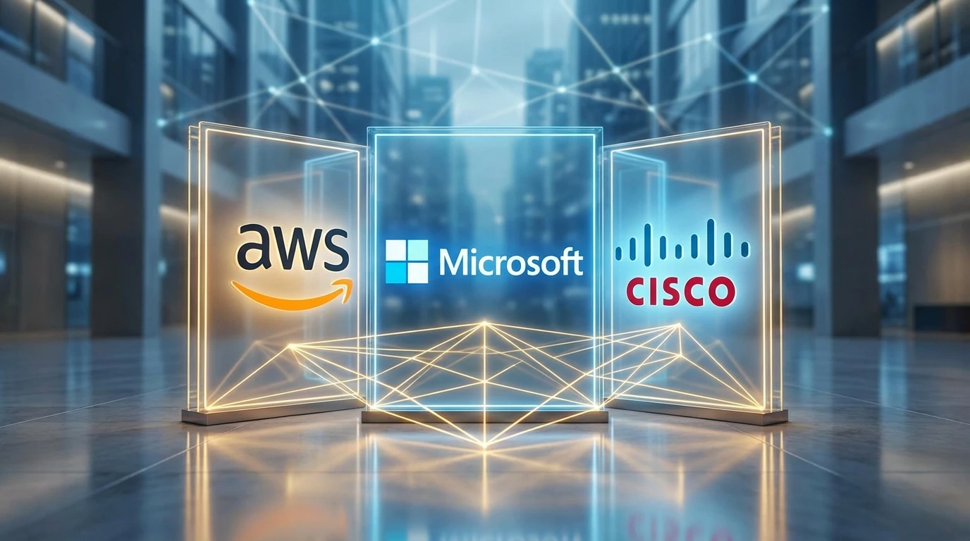 Logos de partenaires technologiques (Microsoft, AWS, Cisco) entourés de mains serrées.