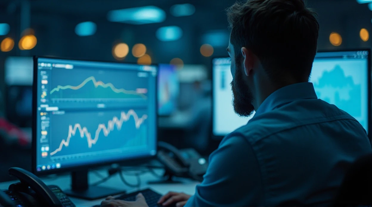 Consultant analysant des graphiques de performances VoIP avec des téléphones en arrière-plan.