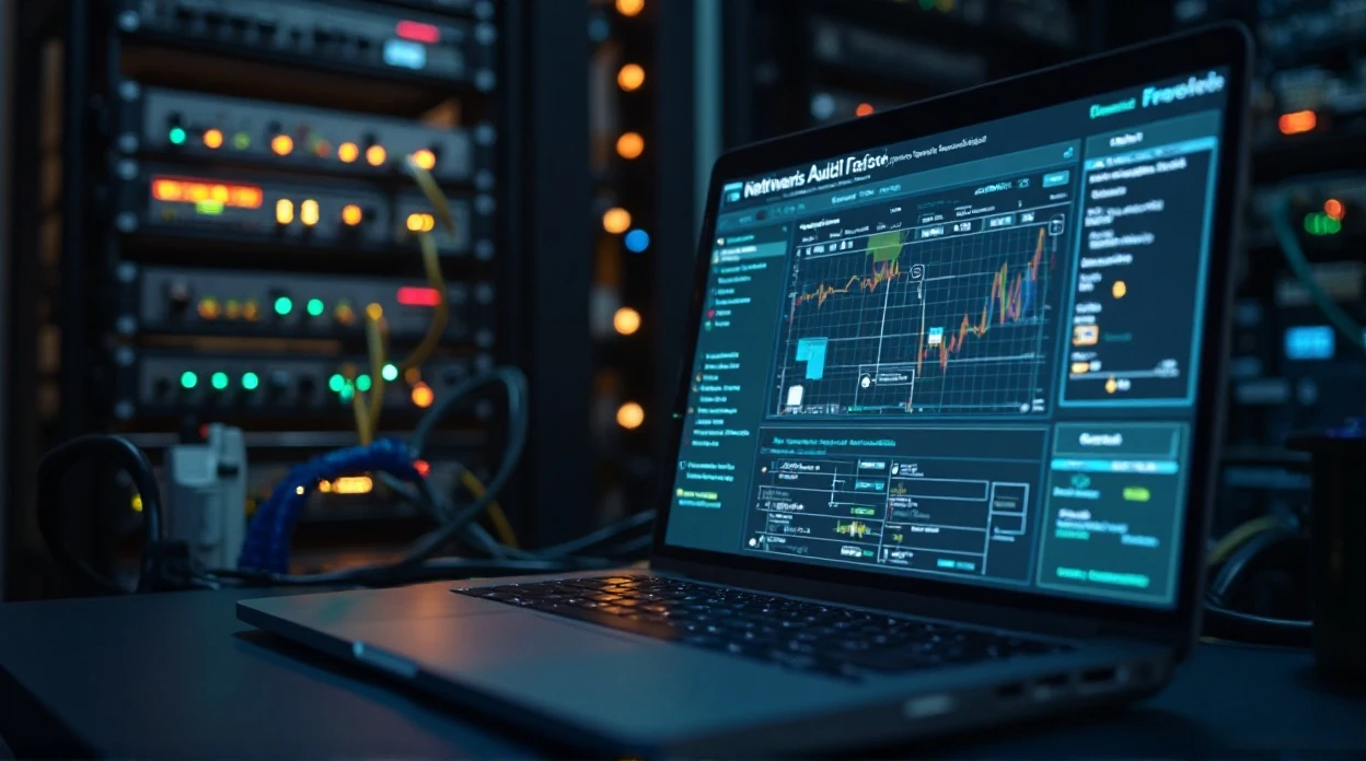 Audit réseau informatique avec outils de diagnostic sur ordinateur portable.