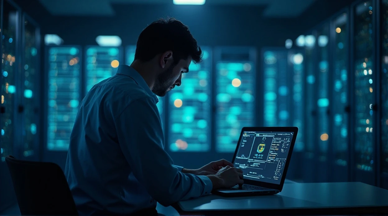 Consultant réalisant un audit avec checklist et outils de diagnostic sur ordinateur.