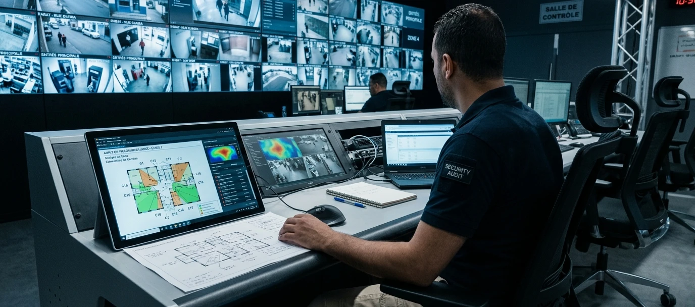 Consultant en sécurité réalisant un audit de vidéosurveillance avec des plans et des outils d'analyse sur tablette.