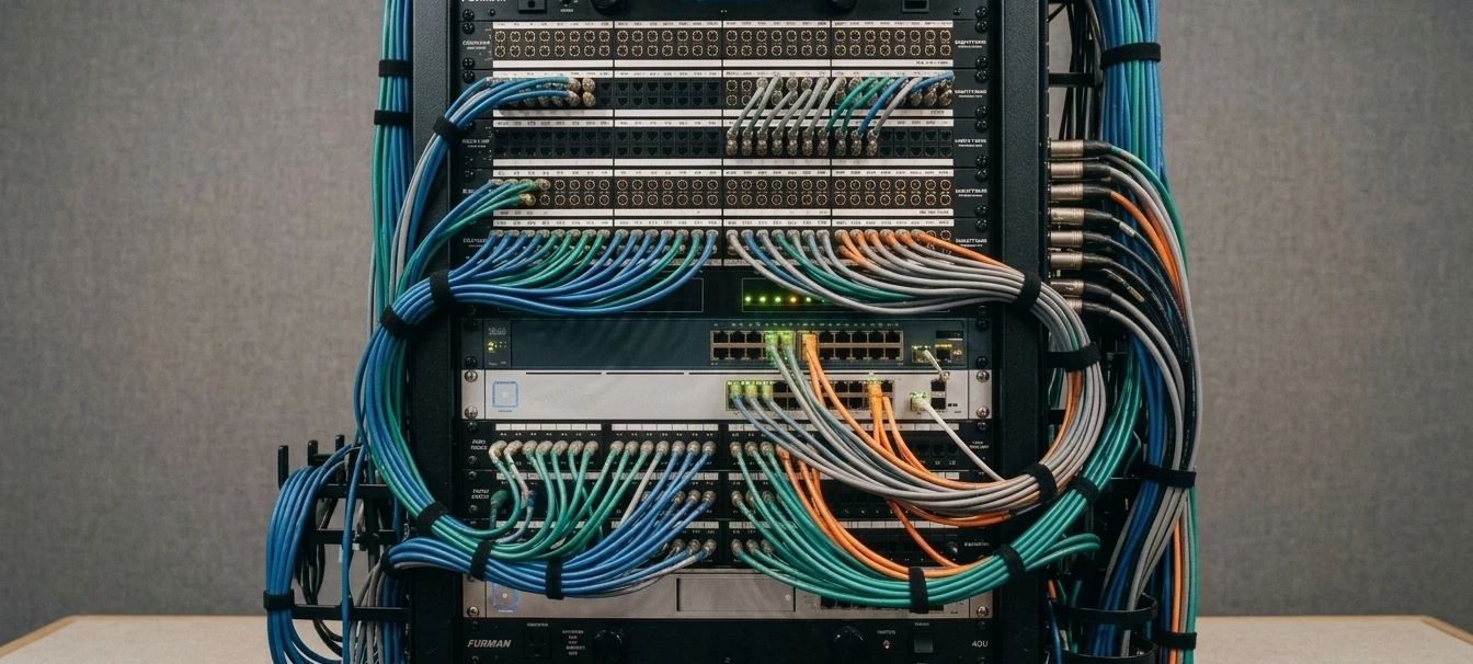 Baie de brassage 19 pouces avec panneaux, cordons organisés et switchs.