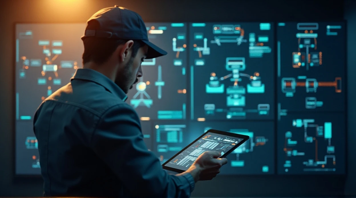 Ingénieur réalisant une analyse technique sur tablette avec schémas de câblage informatique en arrière-plan.