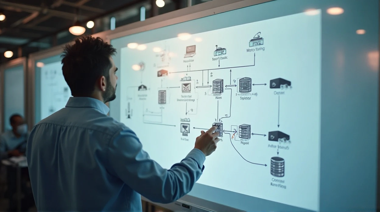 Ingénieur concevant une architecture réseau informatique sur tableau blanc avec icônes VLAN, switches, routeurs.