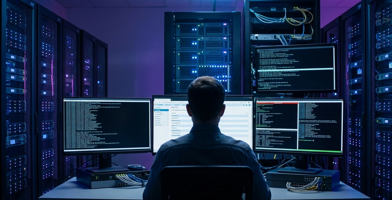 Administrateur système paramétrant une interface de gestion de téléphonie IP avec diagrammes de flux.