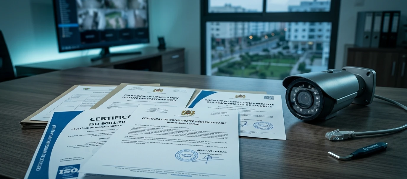 Documents de conformité réglementaire et certificats de qualité posés sur un bureau à côté d'une caméra.