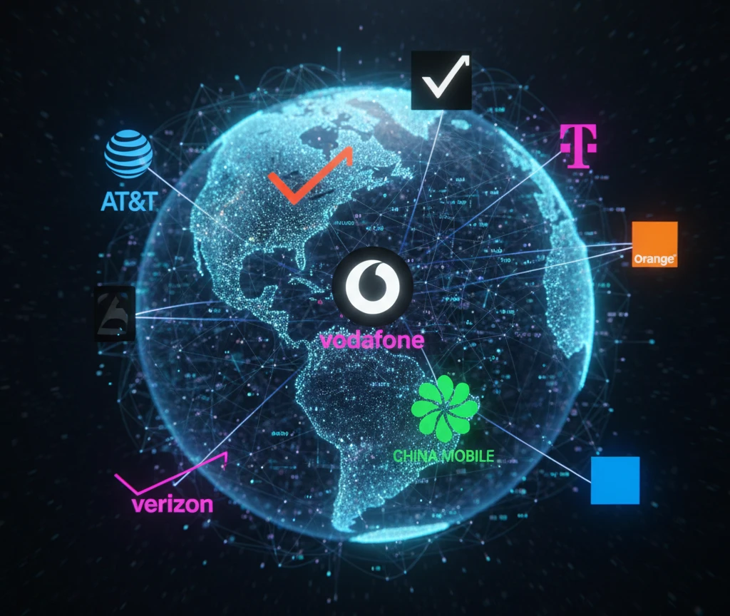 Logos d'opérateurs télécoms sur un réseau mondial stylisé.