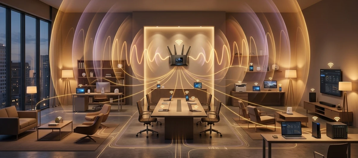 Visualisation d'une infrastructure Wi-Fi 7 avec ondes radio et appareils connectés.