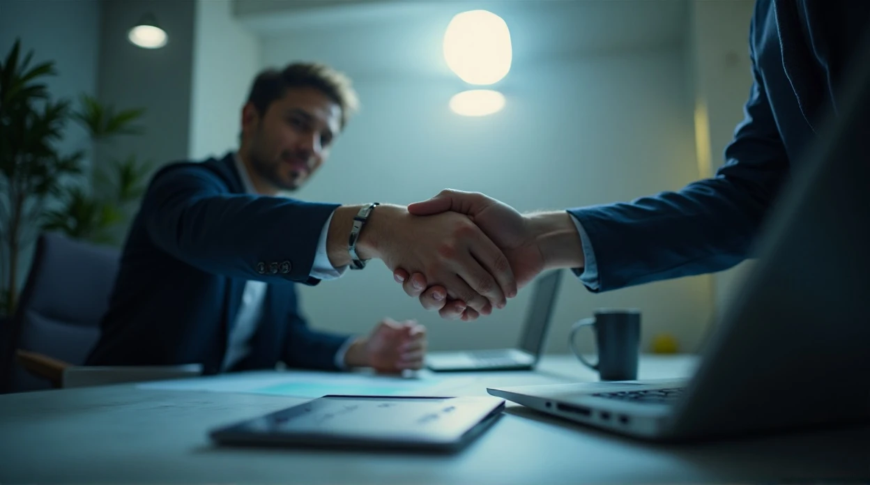 Personne serrant la main d'un consultant, avec téléphone IP et ordinateur portable sur bureau.