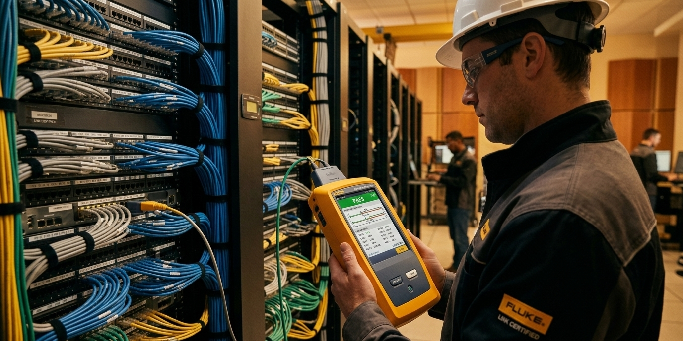 Technicien utilisant un testeur de câble Fluke pour certifier une liaison.
