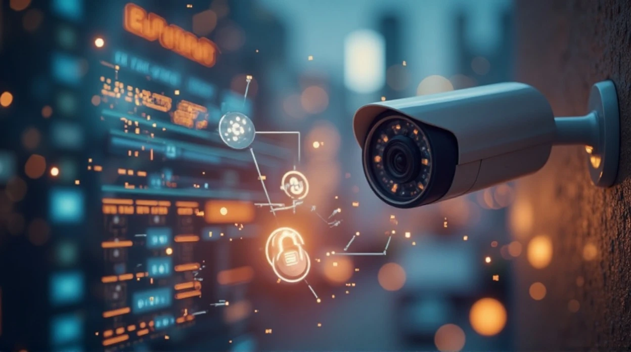 Caméra de vidéosurveillance IP et contrôle d'accès réseau avec icônes de sécurité.