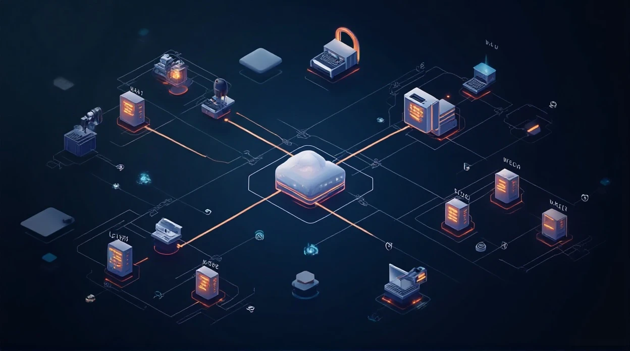 Architecture réseau sécurisée pour systèmes de vidéosurveillance avec icônes de pare-feu et chiffrement.