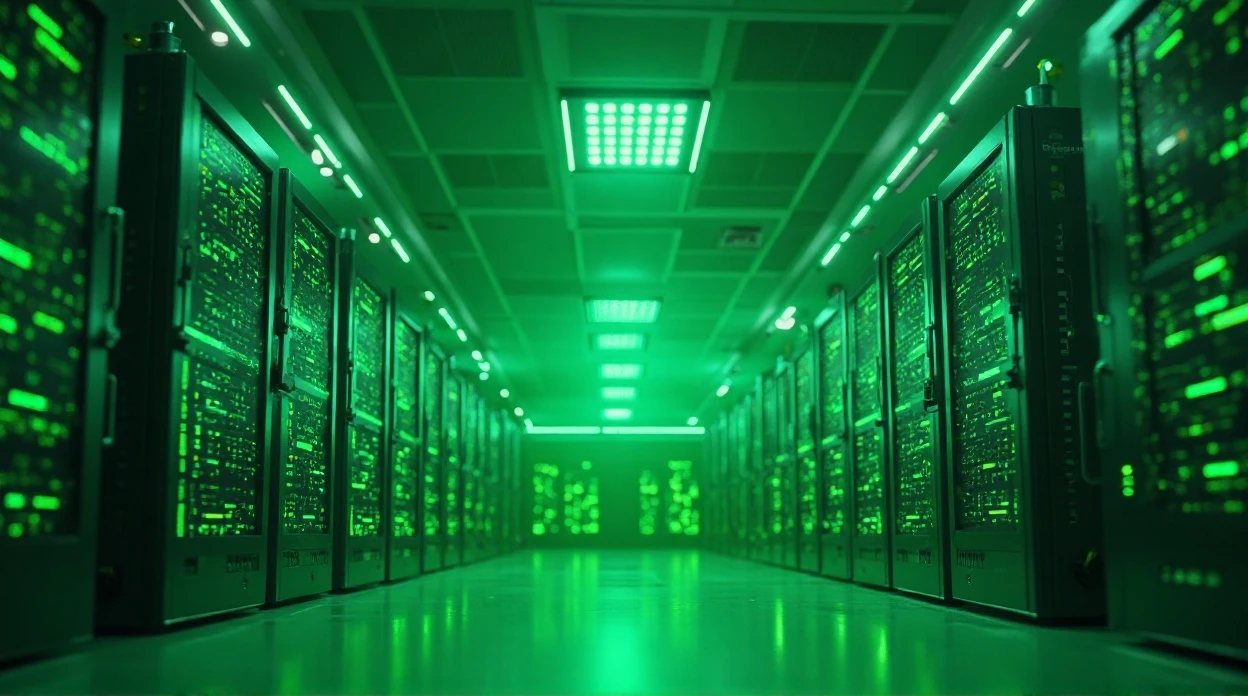 Datacenter vert avec panneaux solaires et icônes écologiques.