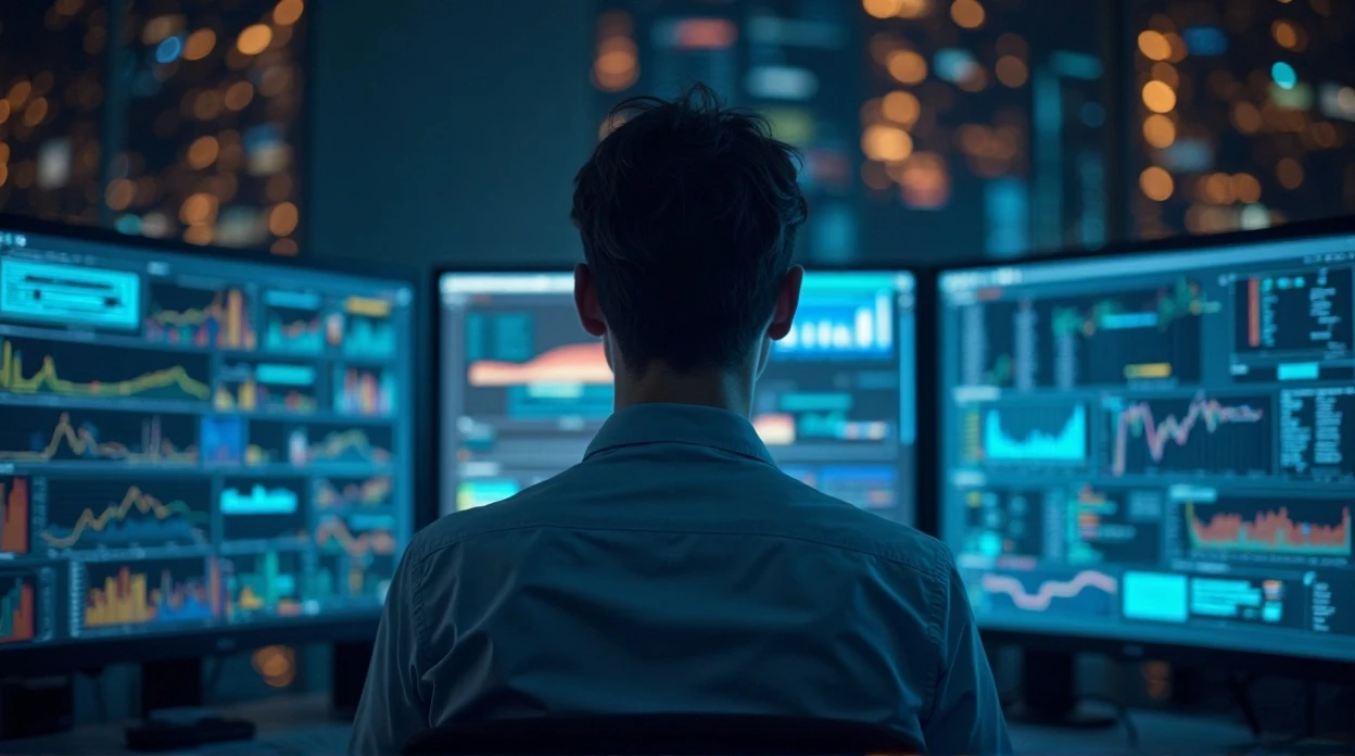 Ingénieur informaticien analysant des données de performance sur plusieurs écrans.