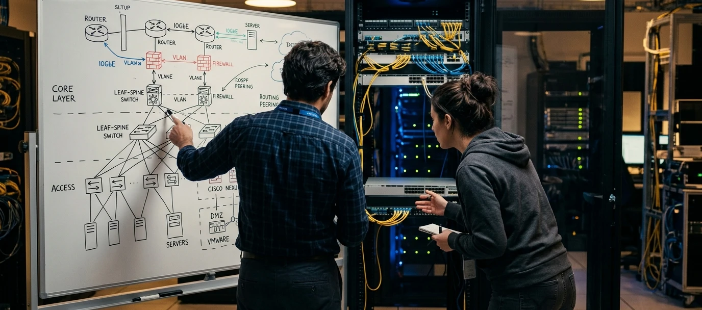 Équipe d'ingénieurs, réseau informatique collaborant autour de schémas d'architecture et équipements.