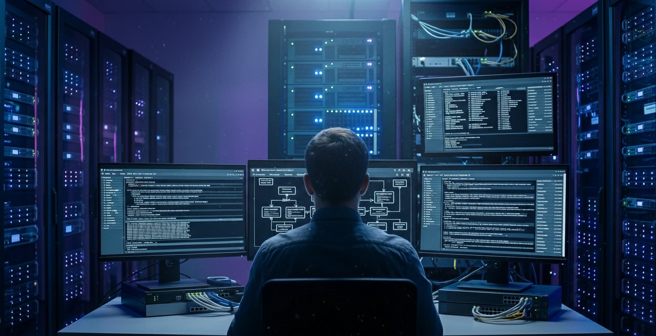 Développeur configurant un serveur Asterisk avec des lignes de code et interfaces de gestion.