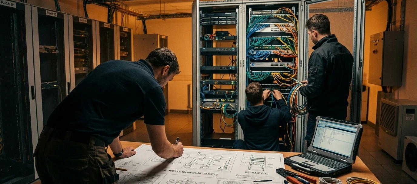 Équipe d'ingénieurs et techniciens en câblage informatique collaborant autour de plans et équipements réseau.