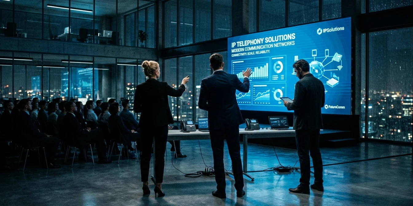 Équipe d'experts en téléphonie IP présentant des solutions de communication modernes dans un bureau professionnel