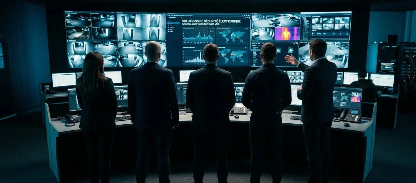 Équipe d'experts en vidéosurveillance présentant des solutions de sécurité électronique dans un environnement professionnel.