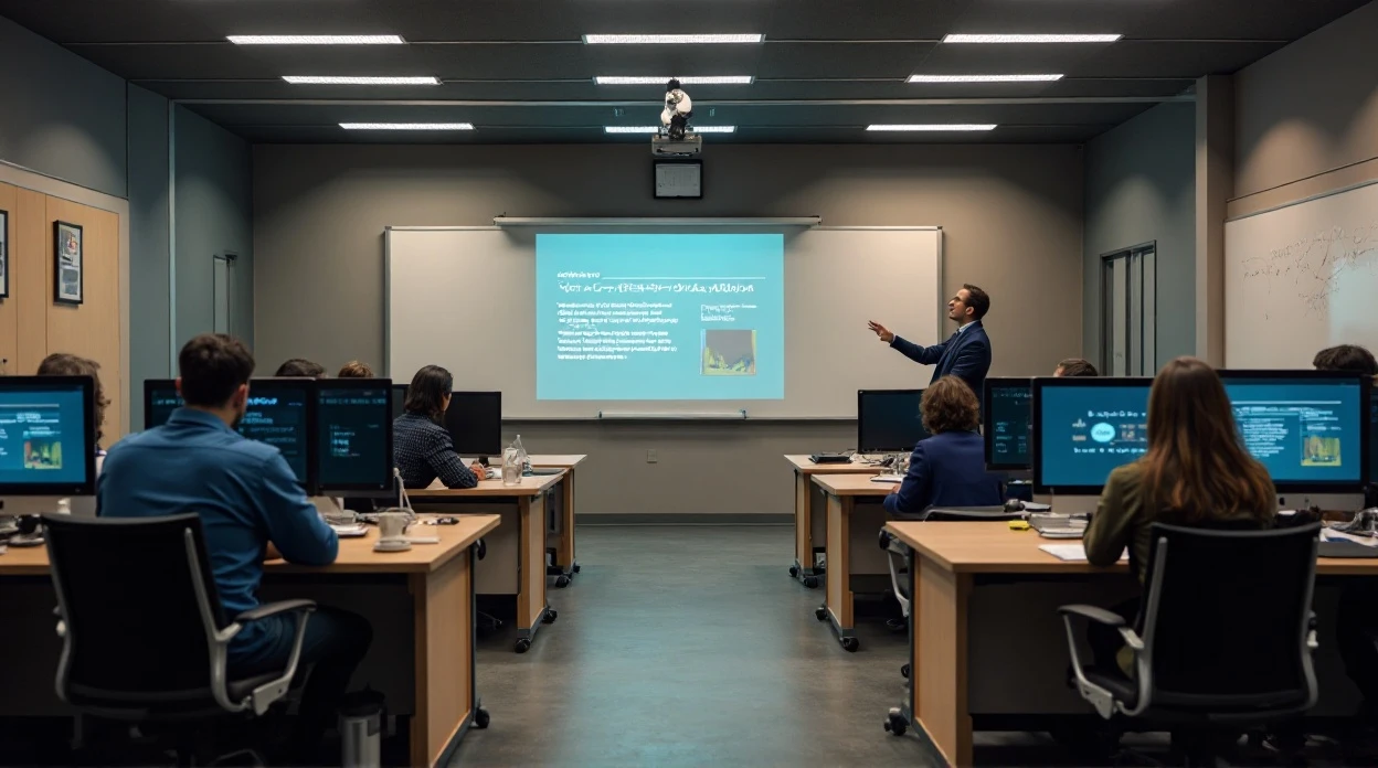 Formateur expliquant le fonctionnement d'un réseau informatique à des administrateurs en salle de formation.