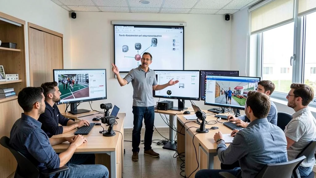 Formateur expliquant le fonctionnement d'un système de vidéosurveillance à un groupe d'utilisateurs en salle de formation.