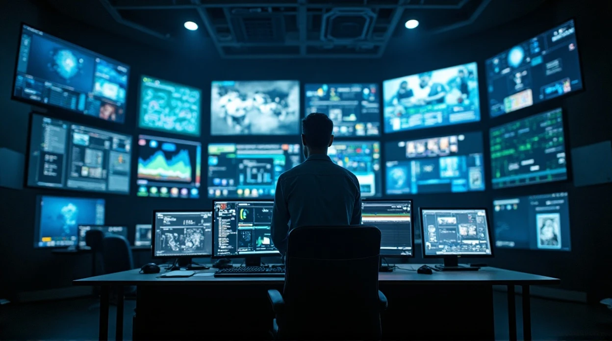 Centre de supervision avec opérateurs surveillant des écrans de contrôle.