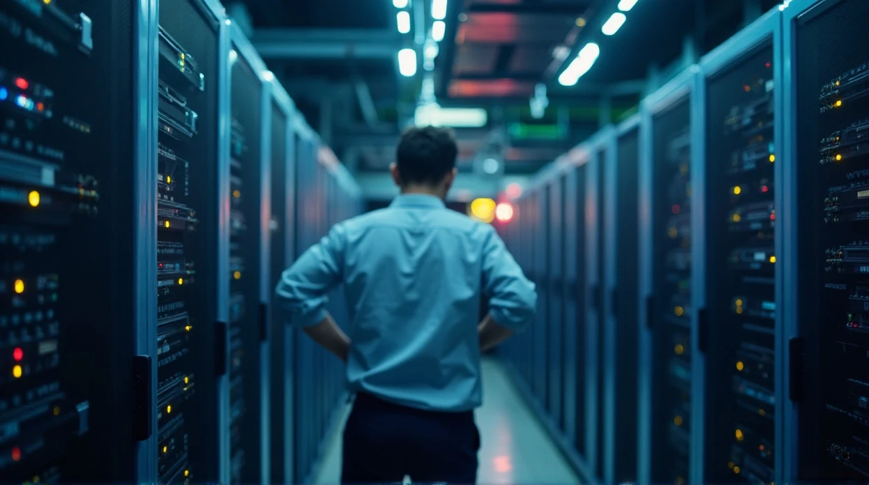 Technicien en tenue professionnelle intervenant dans une salle serveur.