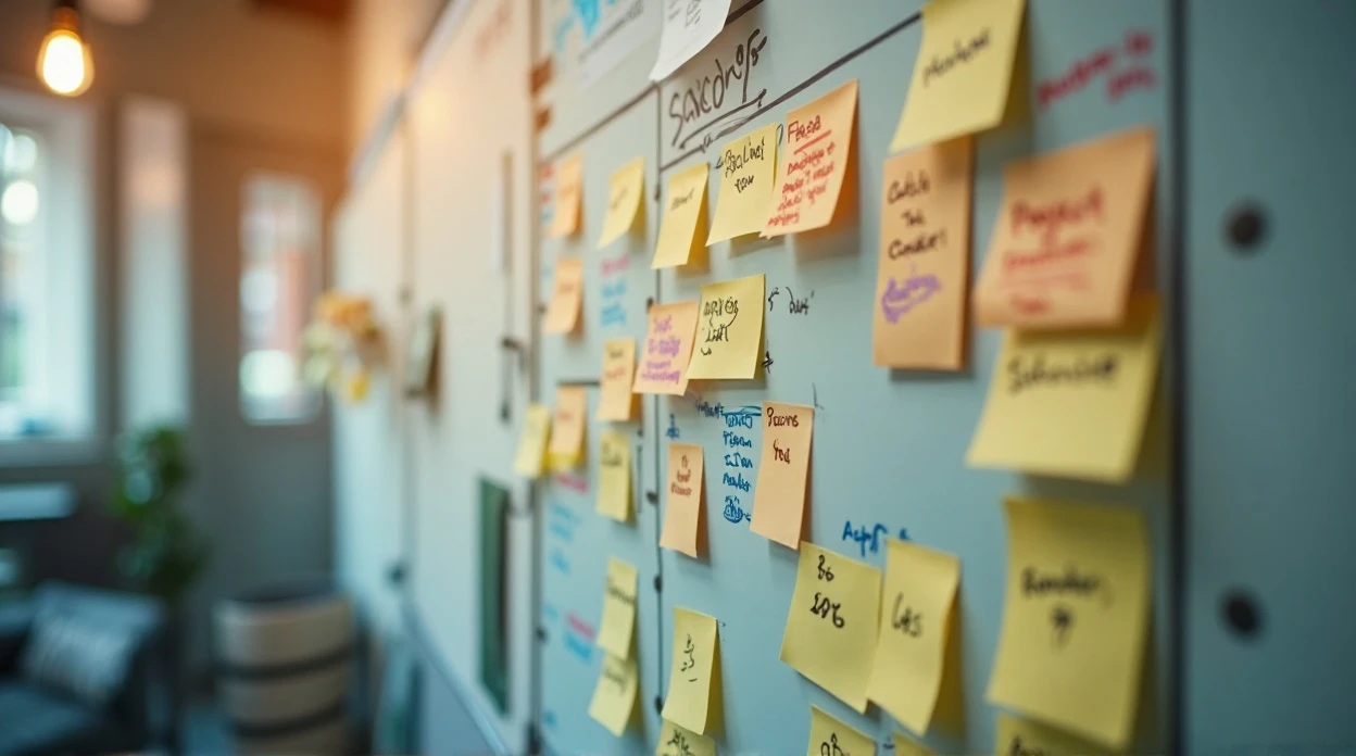 Équipe de projet utilisant une méthodologie agile avec post-it et tableau Kanban.