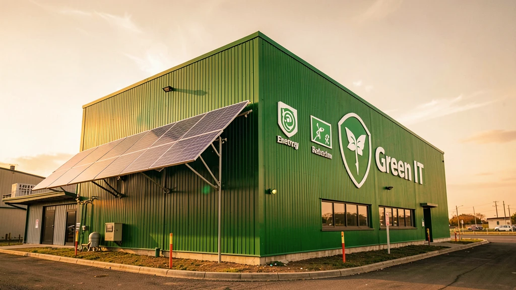 Datacenter vert avec panneaux solaires et icônes de réduction d'énergie.