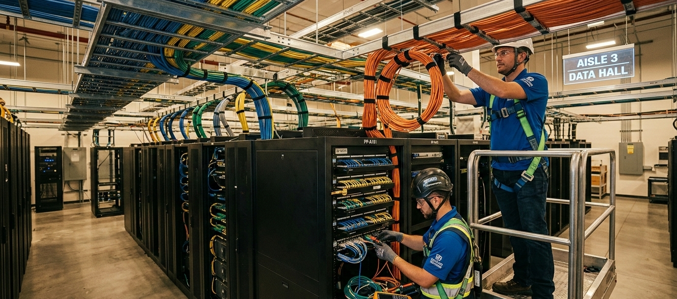 Techniciens certifiés installant des câbles dans des chemins de câbles et baies de brassage.
