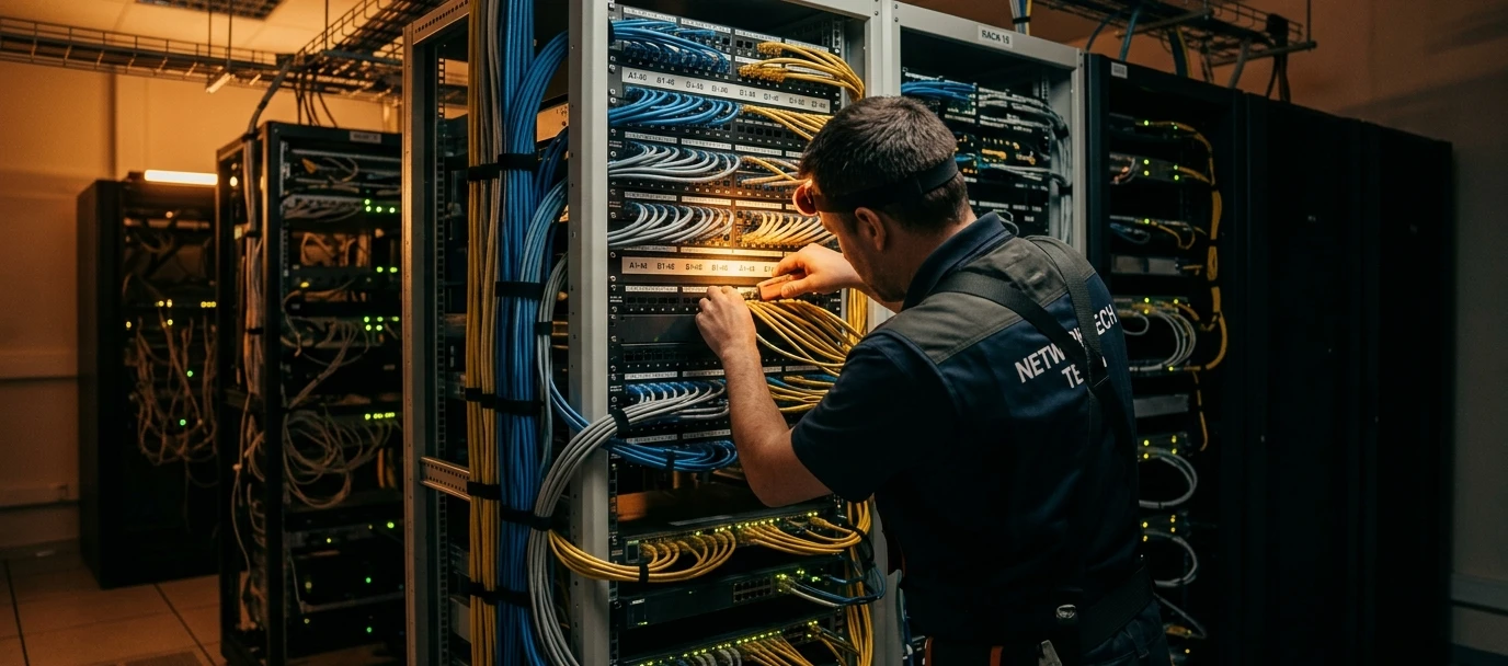 Installateur montant des équipements réseau informatique dans une baie de brassage avec câbles structurés.