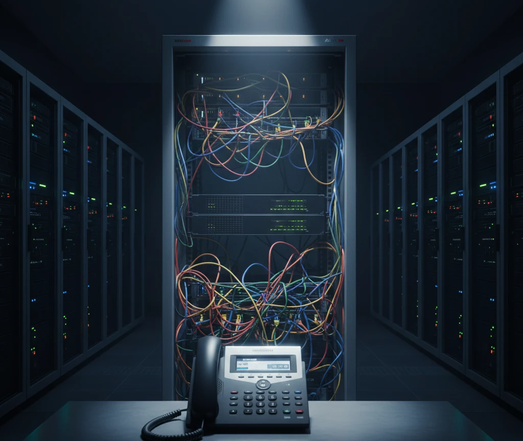 Un serveur IPBX et des câbles dans une baie de brassage.