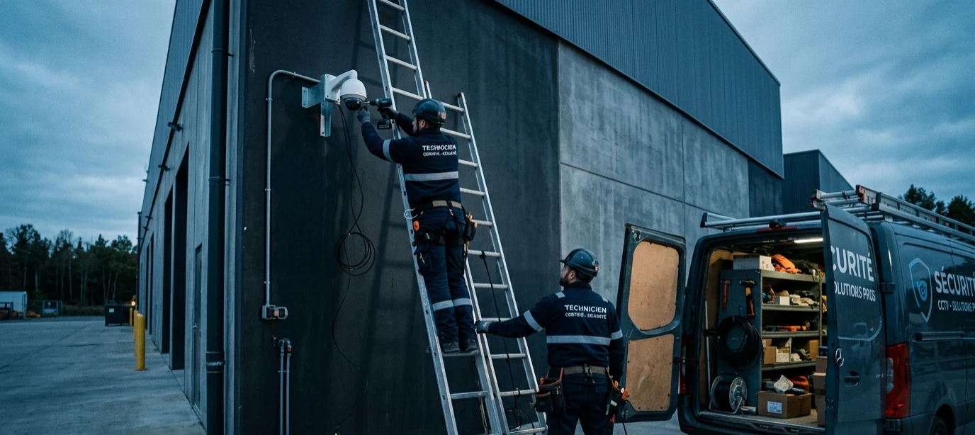 Techniciens certifiés installant des caméras de vidéosurveillance sur site, avec équipements et échelles.