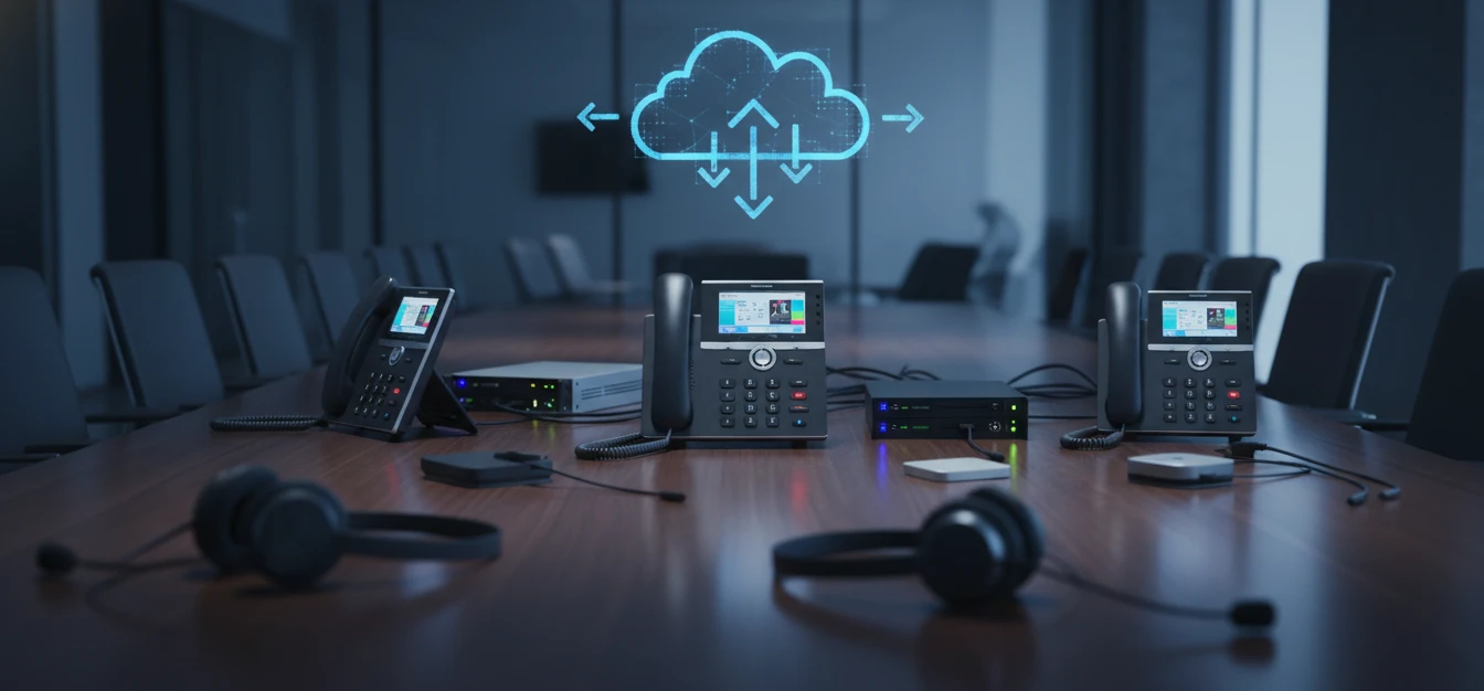 Divers équipements de téléphonie IP (téléphones, serveurs, casques) disposés sur une table de conférence.