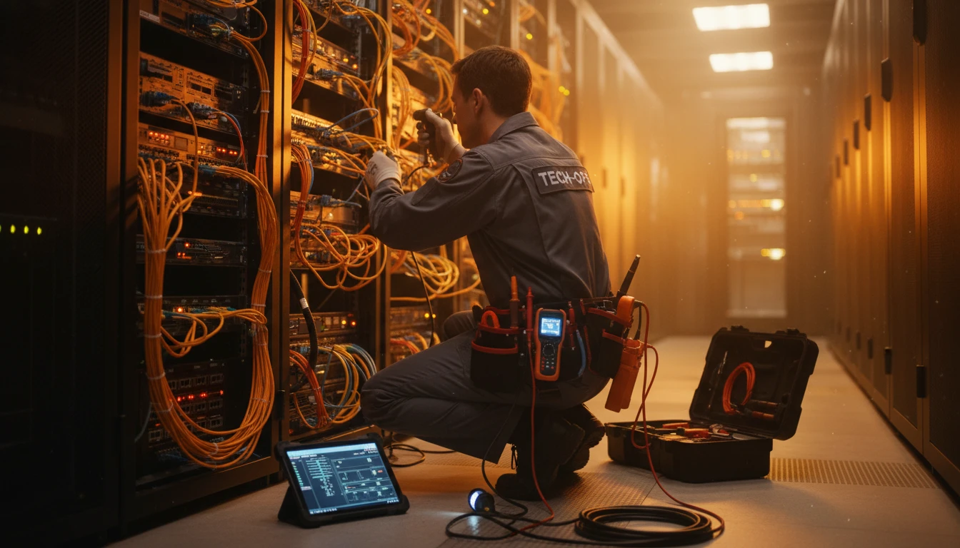 Technicien en maintenance avec outils de diagnostic inspectant une baie de brassage.