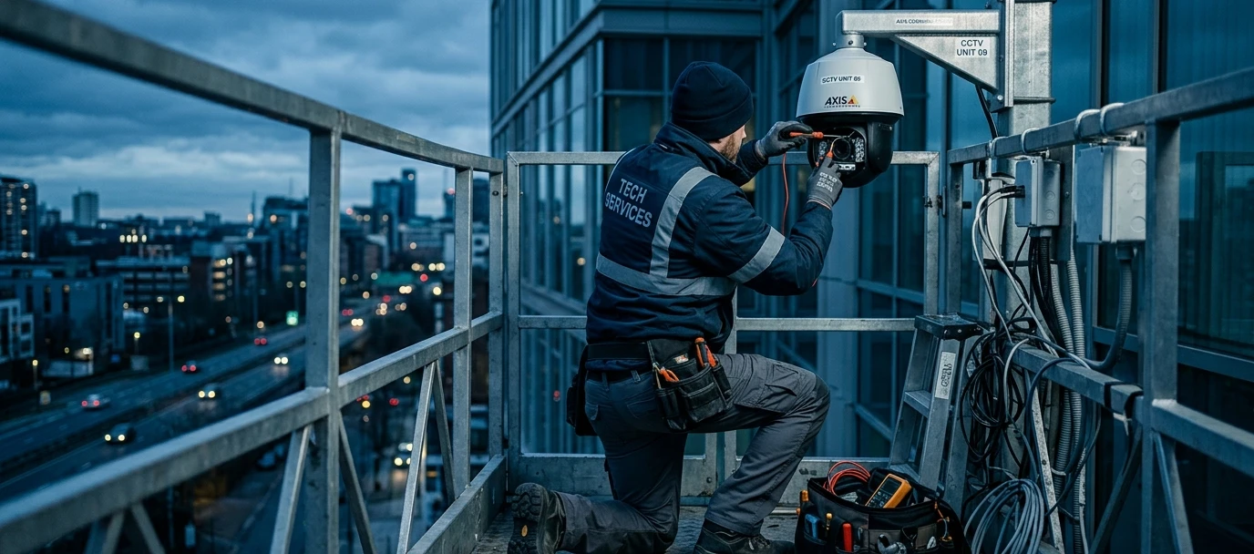 Technicien effectuant la maintenance préventive d'un système de vidéosurveillance, vérifiant une caméra.