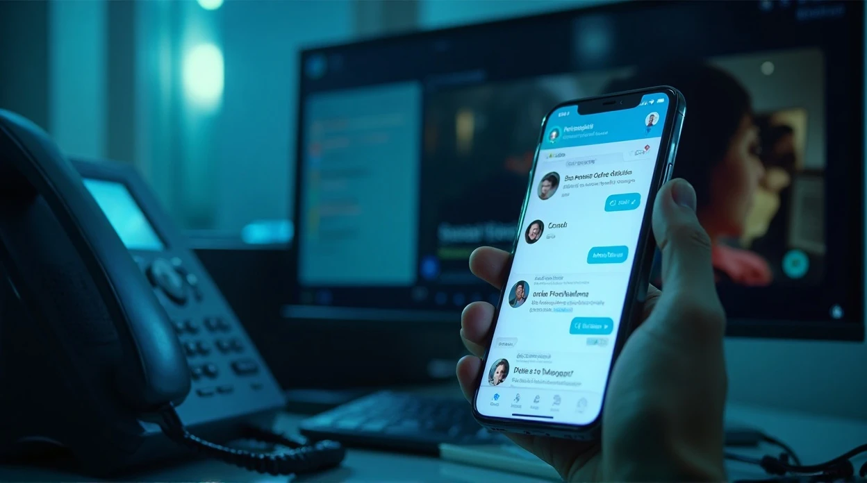 Interface de messagerie unifiée sur smartphone et ordinateur montrant des messages vocaux transcrits.