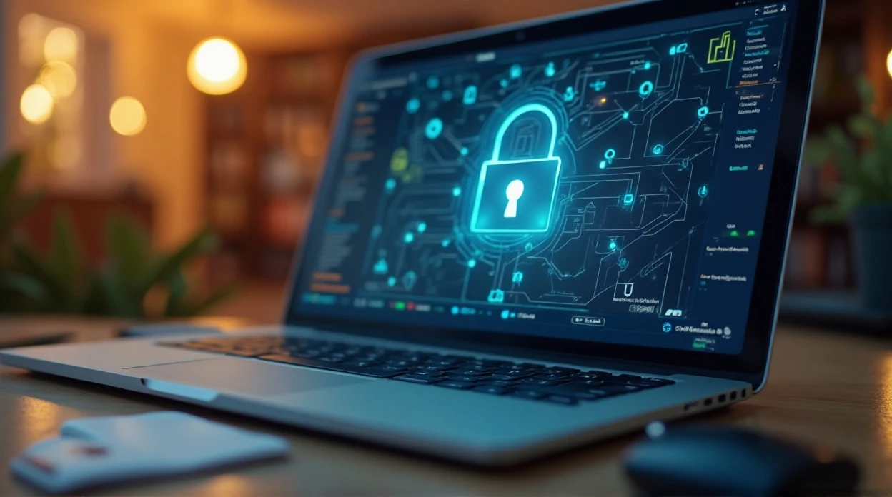 Télétravailleur utilisant un VPN sur ordinateur portable avec cadenas et connexions sécurisées.