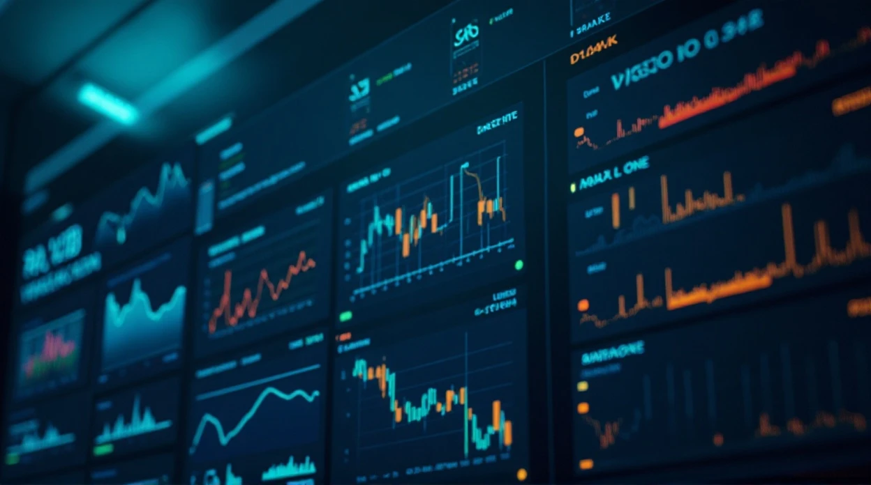 Tableau de bord de supervision avec graphiques en temps réel et alertes, technicien surveillant.