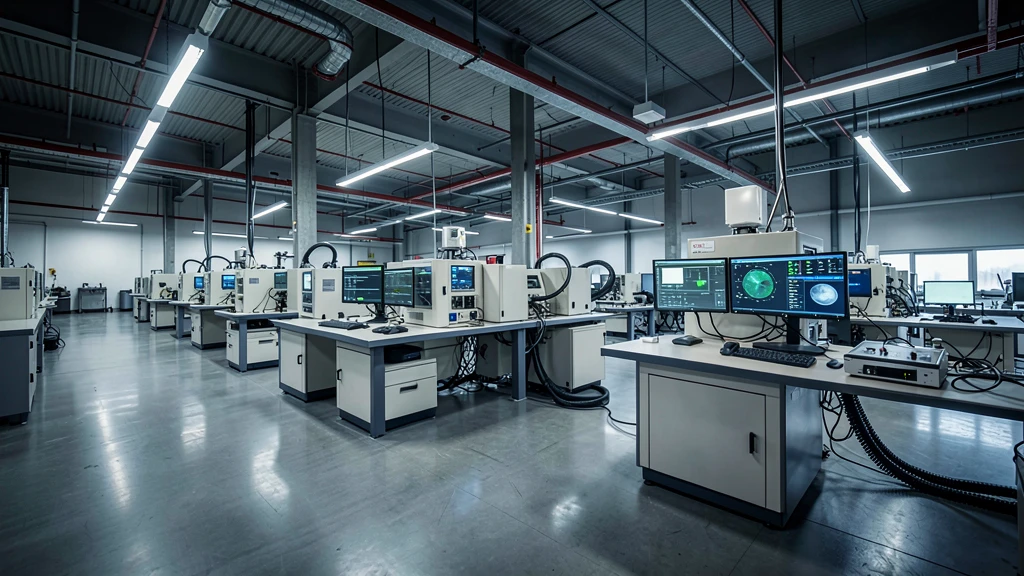 Usine moderne avec machines connectées et écrans de contrôle.