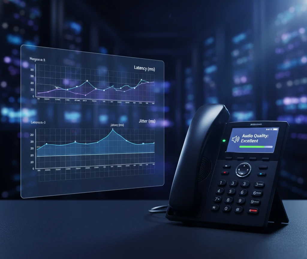 Graphique de performance réseau avec indicateurs de latence et gigue, et téléphone IP.