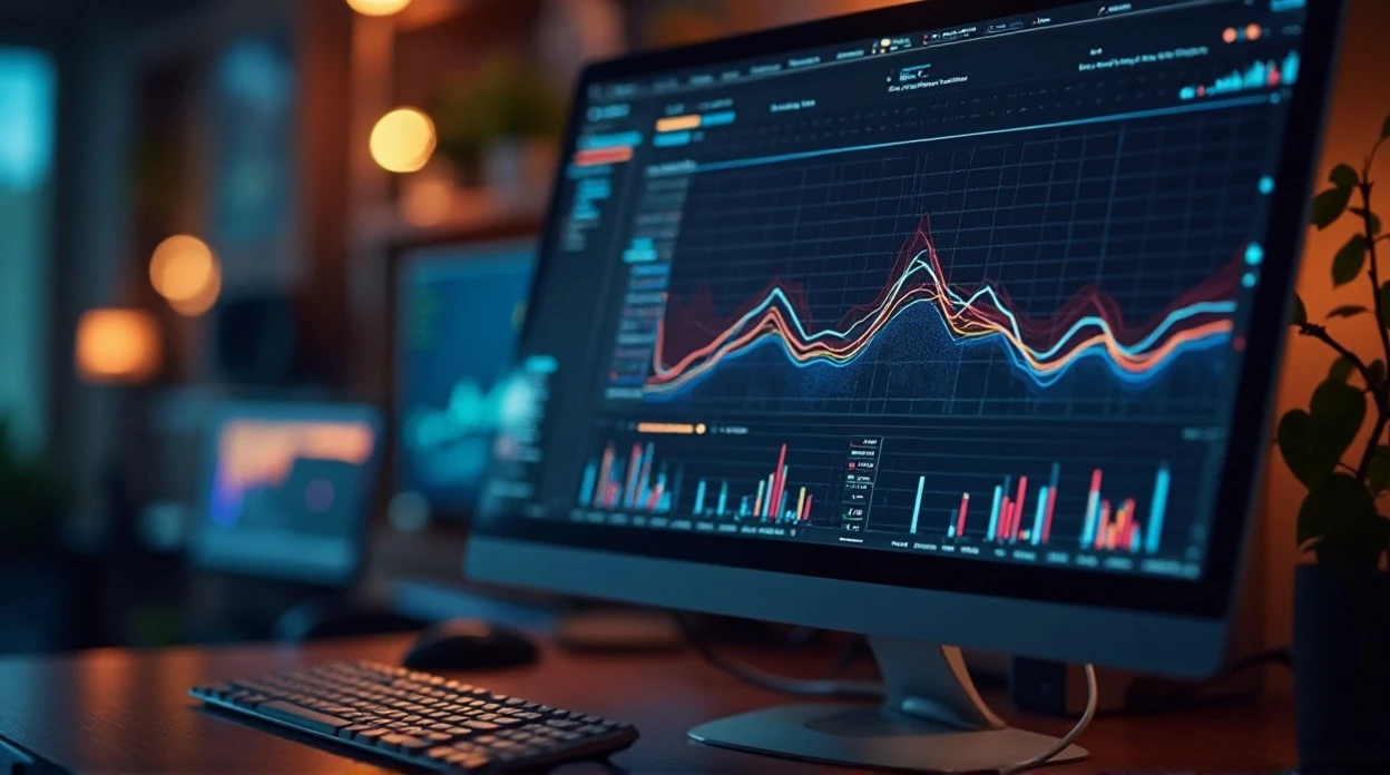 Écran d'ordinateur affichant graphiques de performance réseau informatique et courbes de trafic.