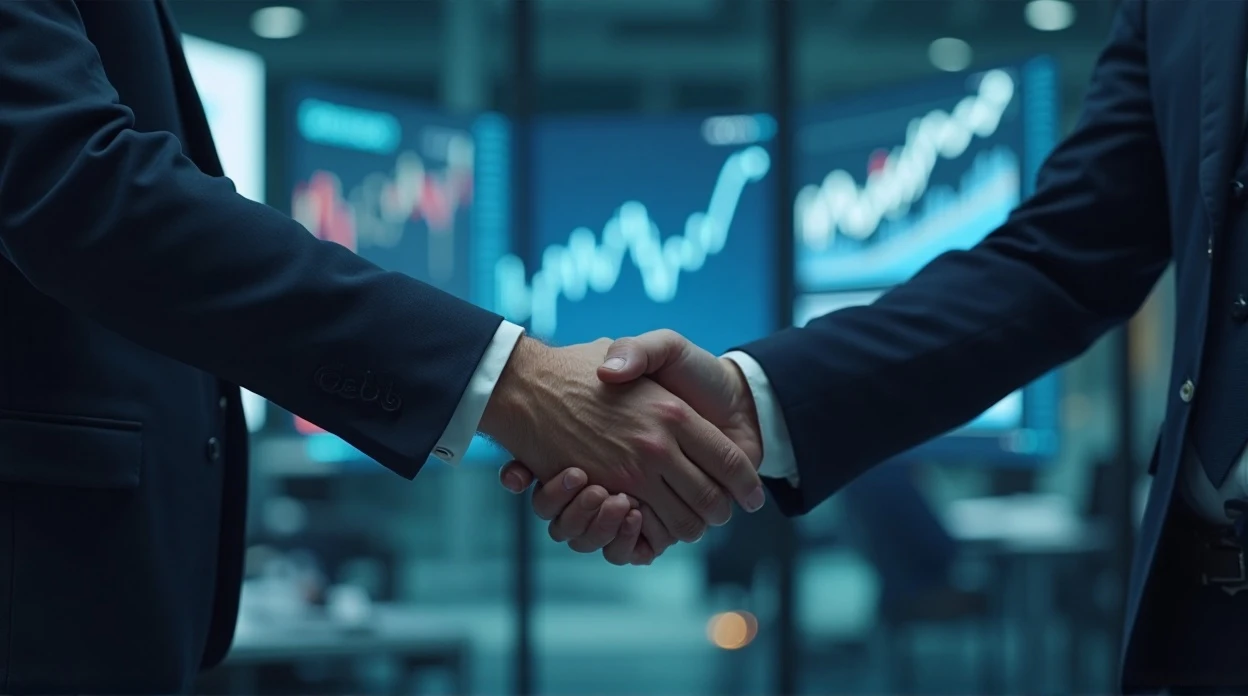 Poignée de main entre consultant et client dans environnement high-tech avec graphiques de croissance.