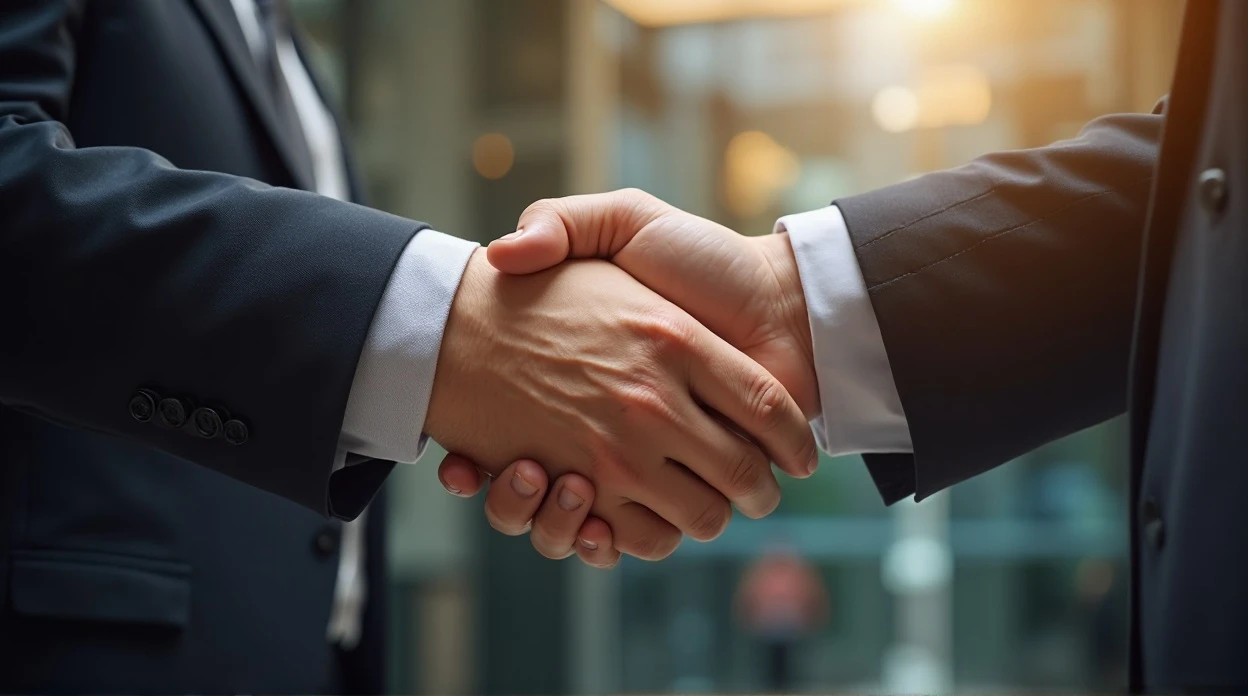 Poignée de main entre consultant et client avec arrière-plan d'infrastructure réseau.