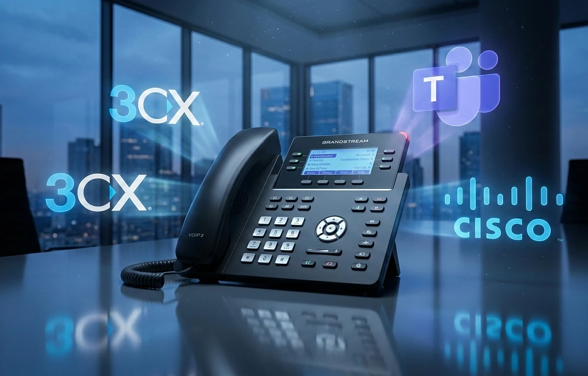 Montage des logos de plateformes de téléphonie IP (3CX, Microsoft Teams, Cisco) autour d'un téléphone IP.