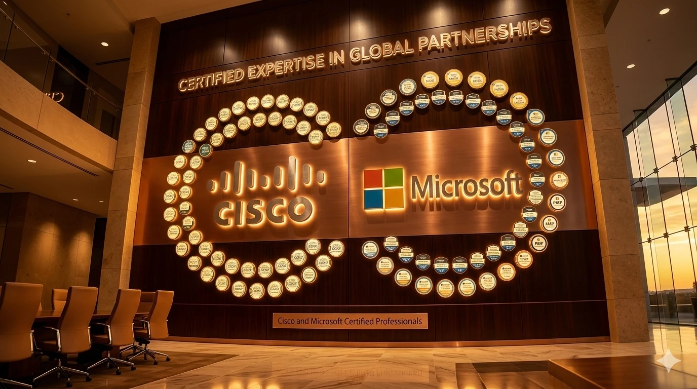 Logos de partenaires technologiques (Cisco, Microsoft) entourés de certifications.