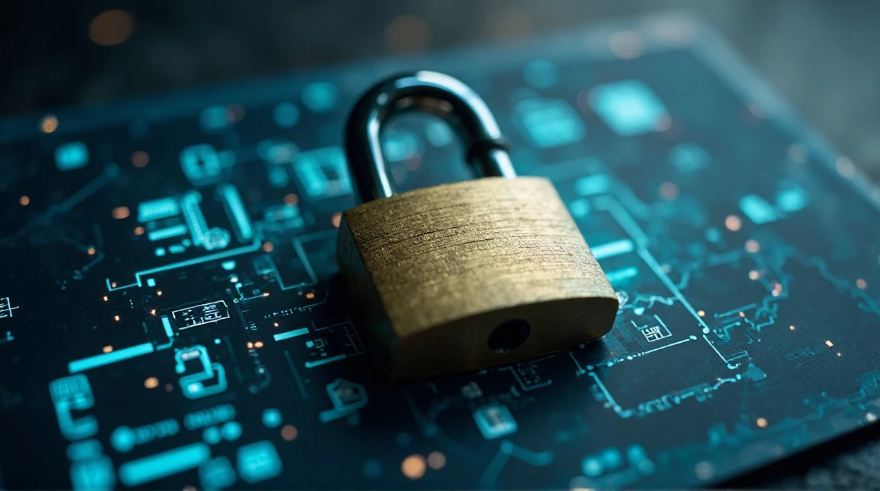 Cadenas géant sur une carte de données avec symboles de protection.