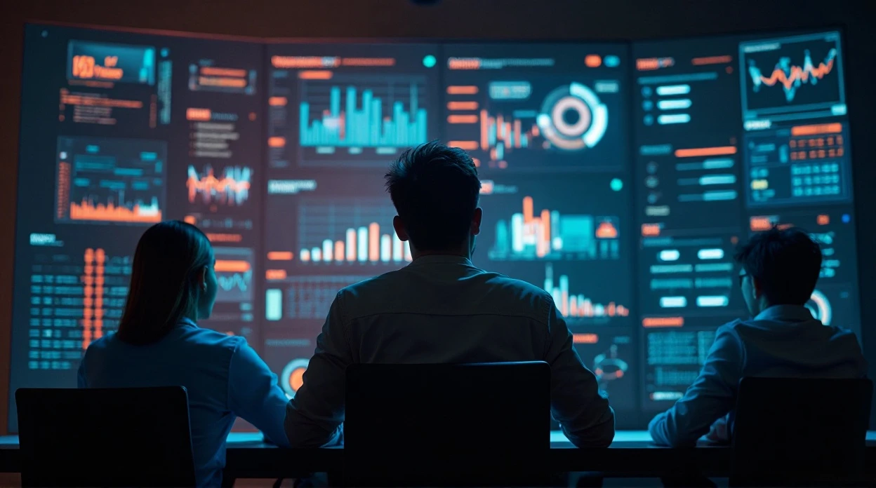 Équipe d'experts en cybersécurité analysant des menaces sur un tableau de bord virtuel.