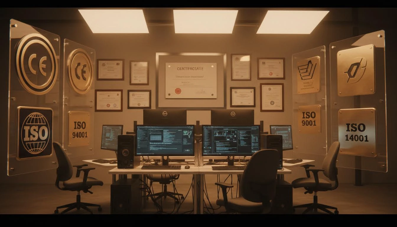Badges de certification CE, ISO, constructeurs et diplômes autour d'ordinateurs.