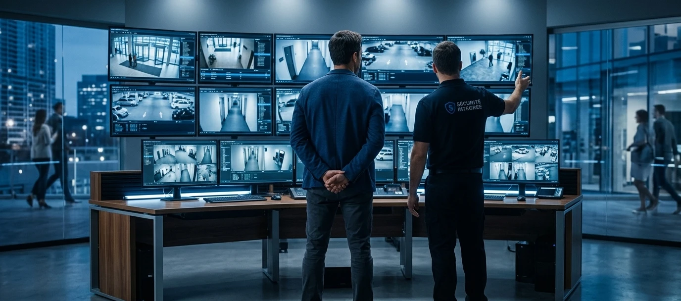 Groupe de clients satisfaits devant une installation de vidéosurveillance réussie, symbolisant la confiance.